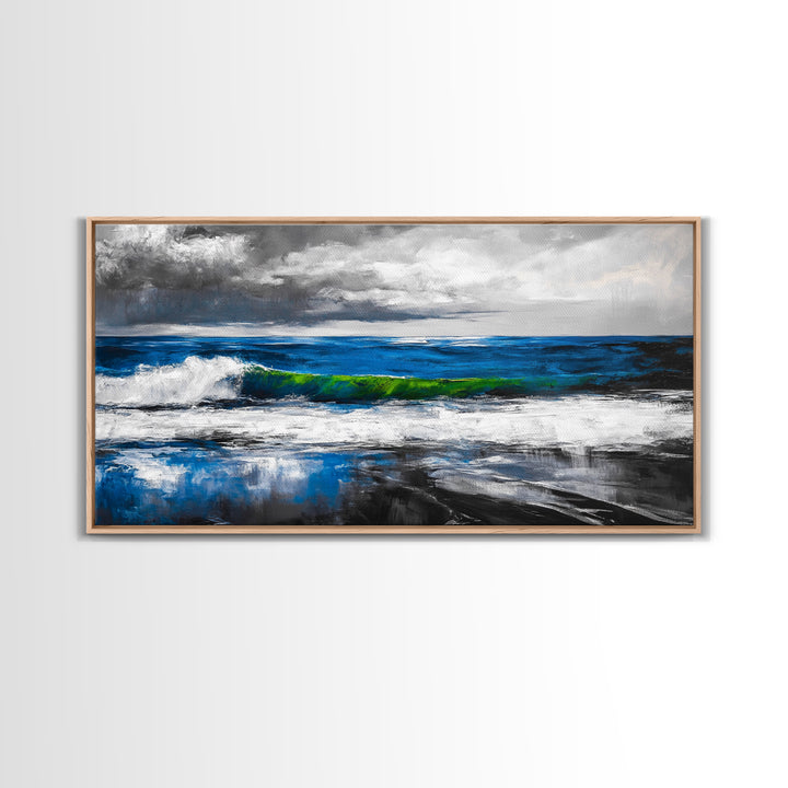 Blue Ocean, Stormy Seascape, Modern Coastal Art, Contemporary Painting, Large Beach Wall Art, Bedroom Decor, Framed Canvas Print, Gift Idea