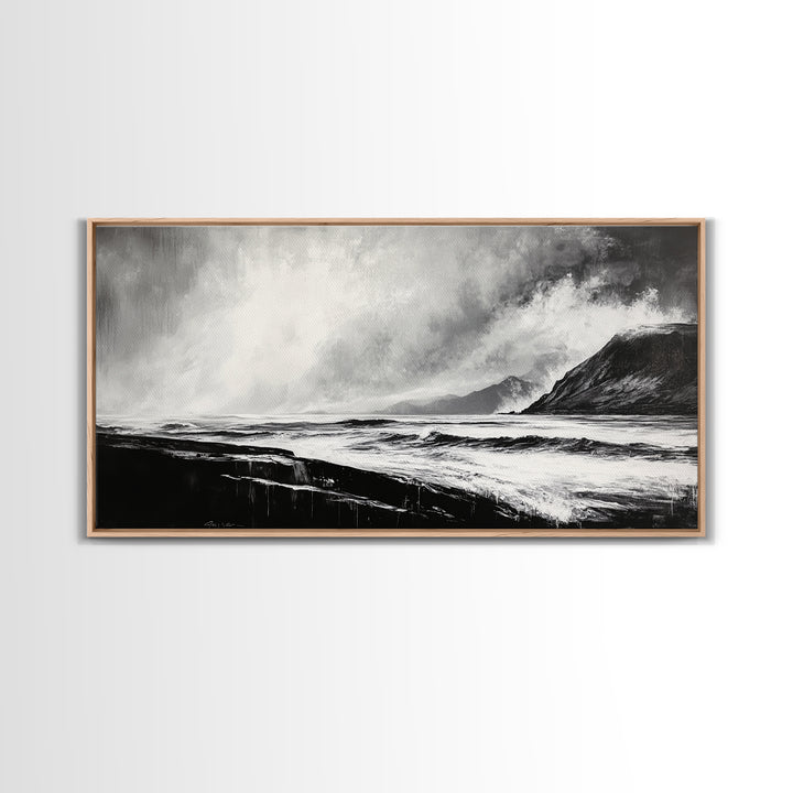 Monochrome Seascape, Dramatic Waves, Stormy Ocean, Modern Wall Art, Black and White Painting, Living Room Art, Framed Canvas Print, Gift Idea