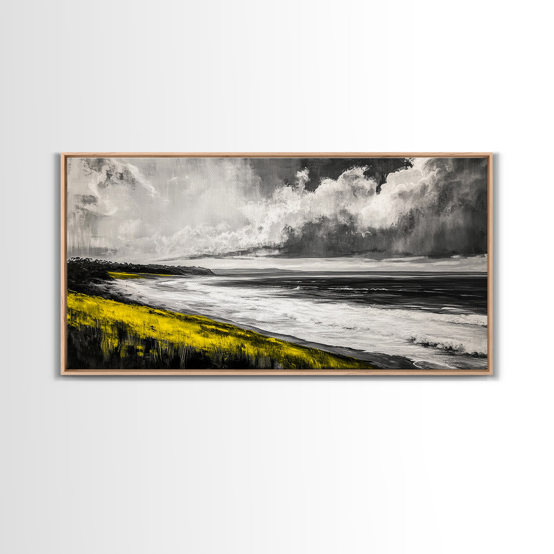 Coastal Horizon, Ocean Beach Art, Black and White Wall Decor, Dramatic Sky, Yellow Grass, Modern Landscape, Serene View, Framed Canvas Print