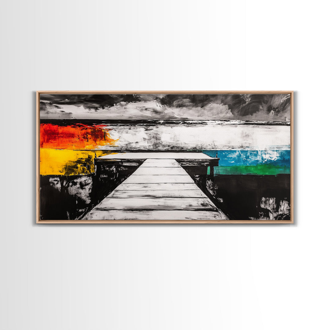 Pier to Infinity, Abstract Coastal Art, Black and White, Surreal Landscape, Minimalist Aesthetic, Nautical Decor, Framed Canvas Print