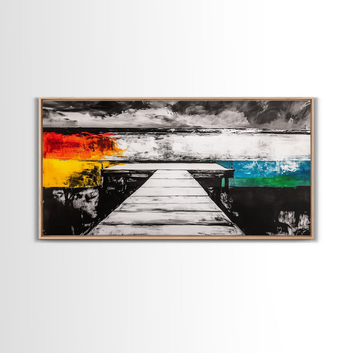 Pier to Infinity, Abstract Coastal Art, Black and White, Surreal Landscape, Minimalist Aesthetic, Nautical Decor, Framed Canvas Print