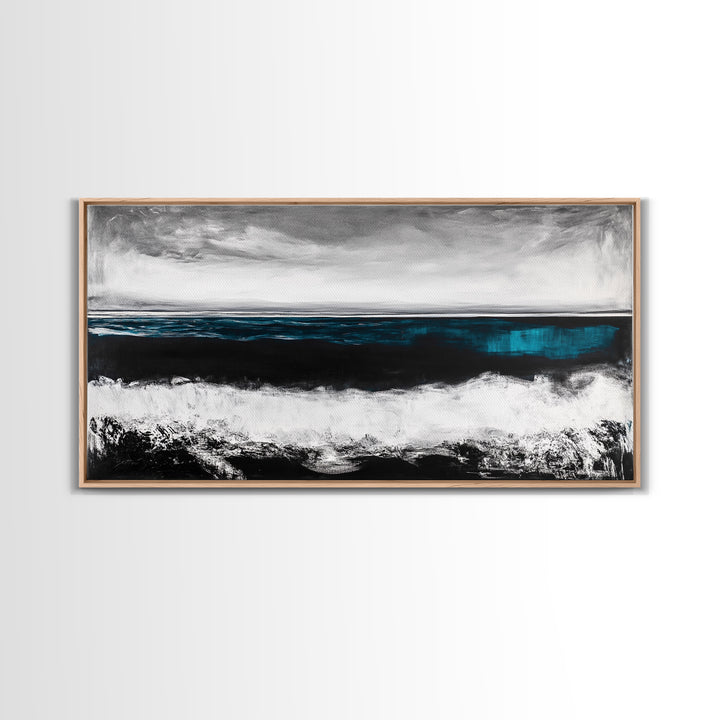 Ocean Horizon, Moody Seascape, Black and White Waves, Framed Canvas Print, Modern Coastal Wall Art, Beach House Decor, Minimalist Art