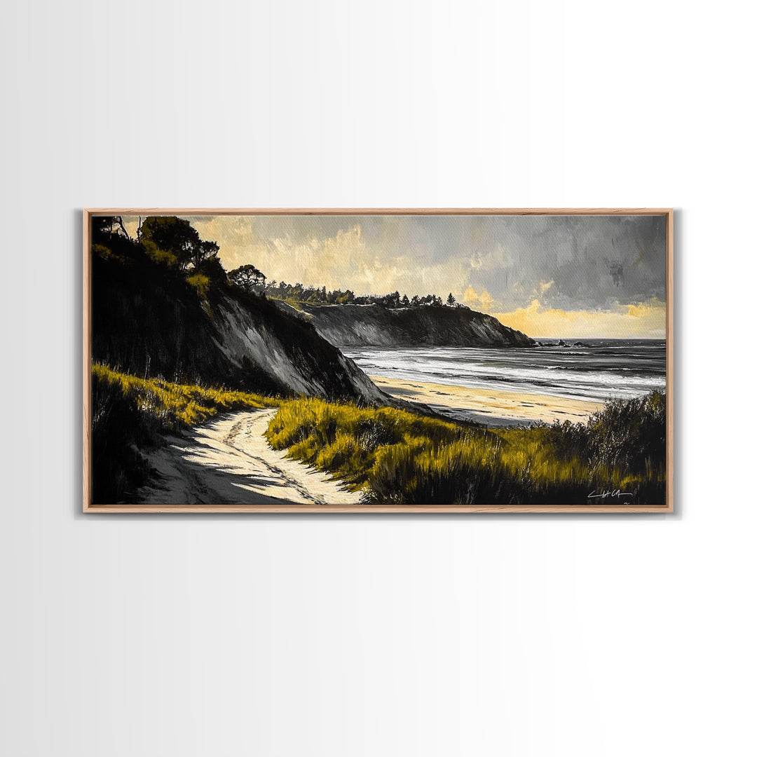 Coastal Path, Ocean View, Beach Sunset, Framed Canvas Print, Modern Wall Art, Landscape Painting, Living Room Art, Nautical Decor