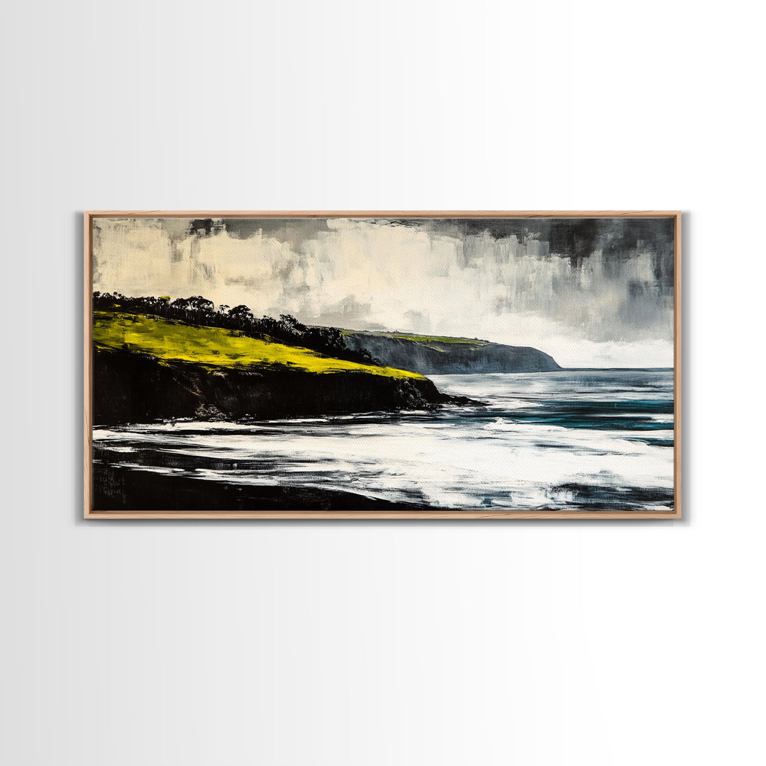 Ocean Cliffs, Misty Coastline, Stormy Sea, Canvas Print, Moody Seascape Art, Living Room Decor, Minimalist Wall Art, Nature Painting