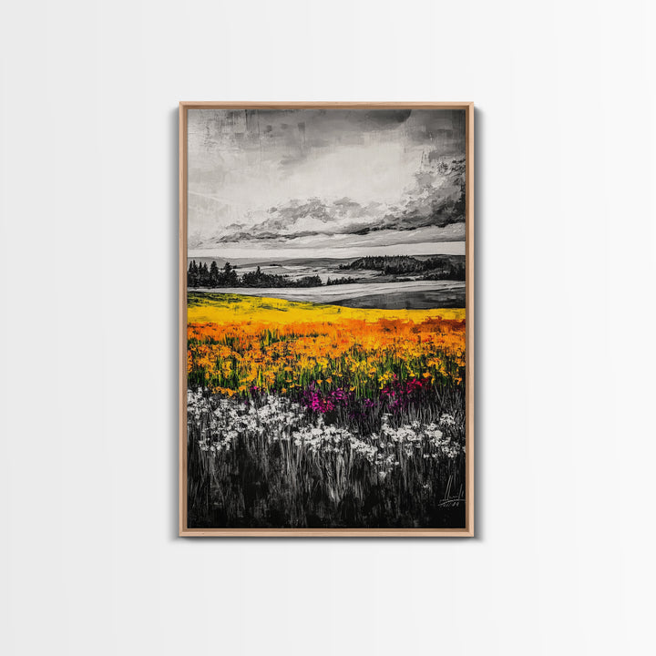 Black White Landscape, Yellow Wildflower Field, Nature Wall Art, Rustic Farmhouse Art, Country Home Decor, Office Art, Framed Canvas Print