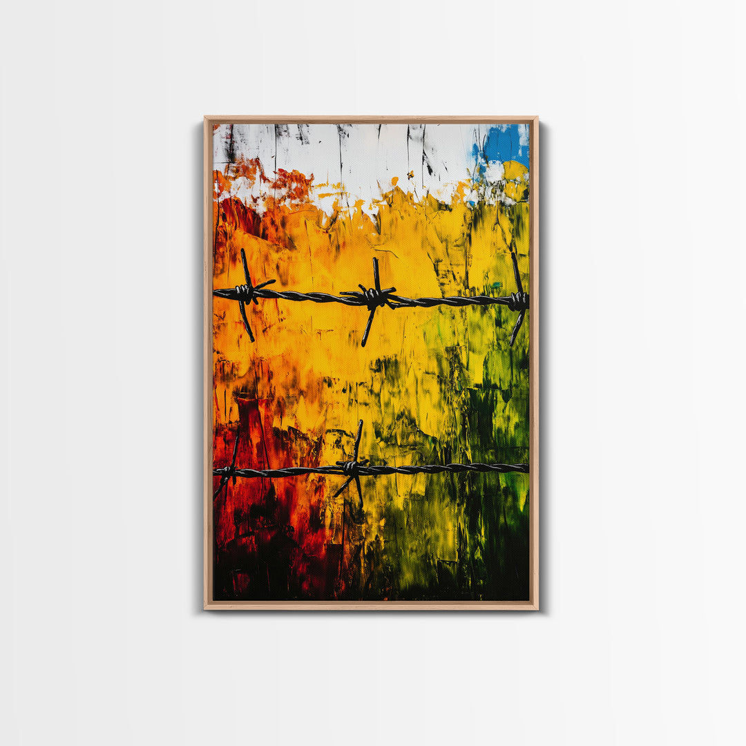 Barbed Wire Wall Art, Red Yellow Green, Bold Abstract Painting, Modern Industrial Decor, Statement Piece, Office Wall Art, Canvas Print