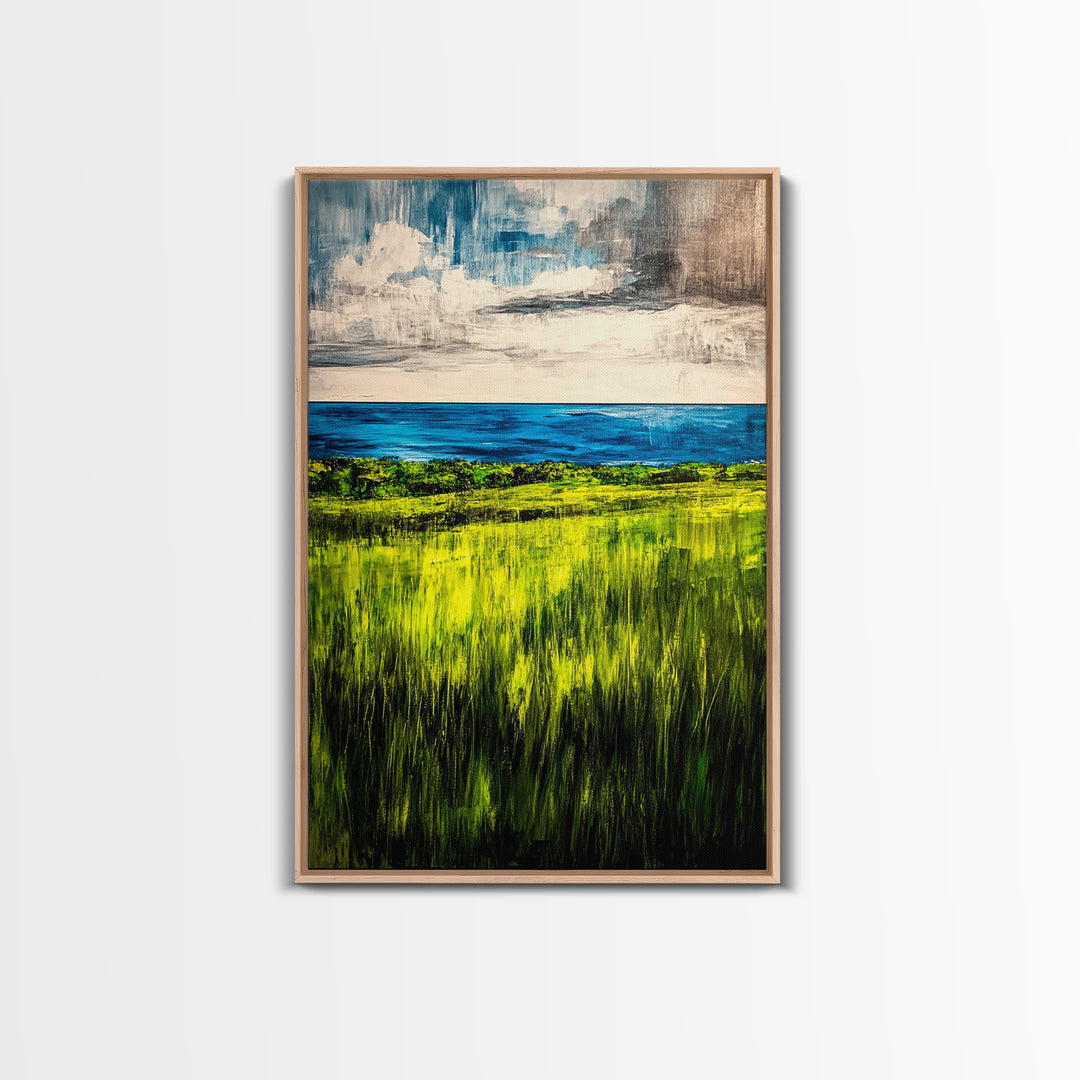 Coastal Landscape, Ocean View, Green Fields, Framed Canvas Print, Serene Wall Art, Nature Inspired, Tranquil Beach Decor, Modern Art
