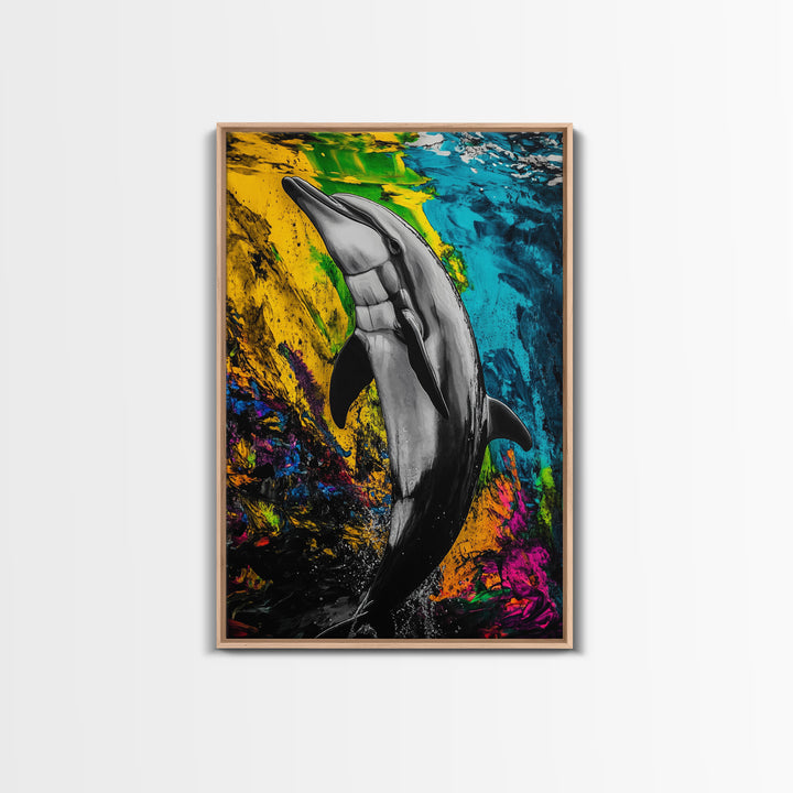 Dolphin Art, Vibrant Colors, Underwater Scene, Framed Canvas Print, Ocean Wall Decor, Marine Life Art, Coastal Vibes, Nautical Home Decor