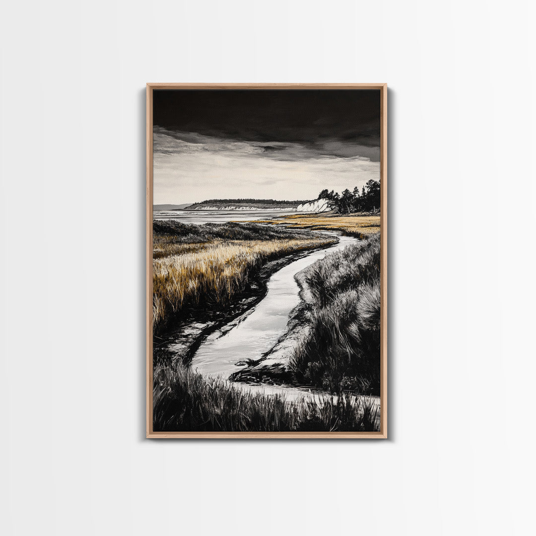 Coastal Landscape, Black and White, Framed Canvas Print, Nature Wall Art, Living Room Decor, Modern Farmhouse Art, Neutral Tones