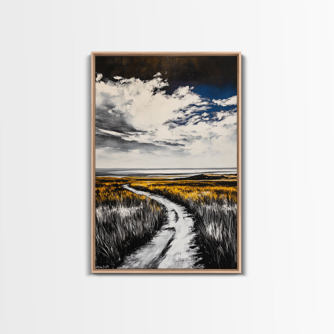 Pathway, Open Fields, Framed Canvas Print, Rustic Landscape, Countryside Decor, Farmhouse Wall Art, Neutral Tones, Home Gift Idea
