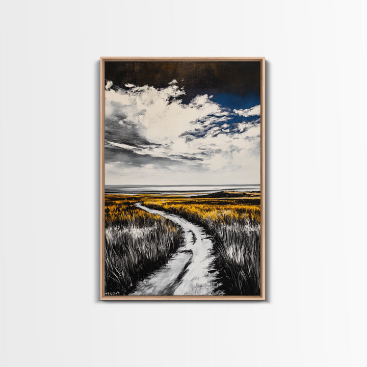Pathway, Open Fields, Framed Canvas Print, Rustic Landscape, Countryside Decor, Farmhouse Wall Art, Neutral Tones, Home Gift Idea