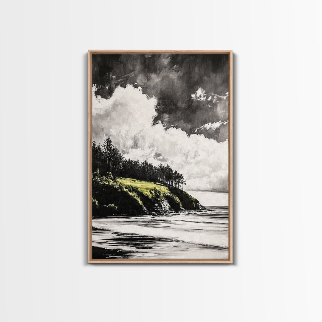 Coastal Cliffs, Black and White Landscape, Moody Sky Painting, Rustic Nature Wall Art, Office Decor, Framed Canvas Print