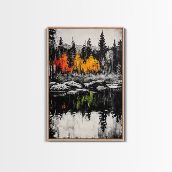 Autumn Reflection, Fall Forest Art, Lake Landscape, Vibrant Trees, Seasonal Painting, Warm Home Decor, Canvas Print
