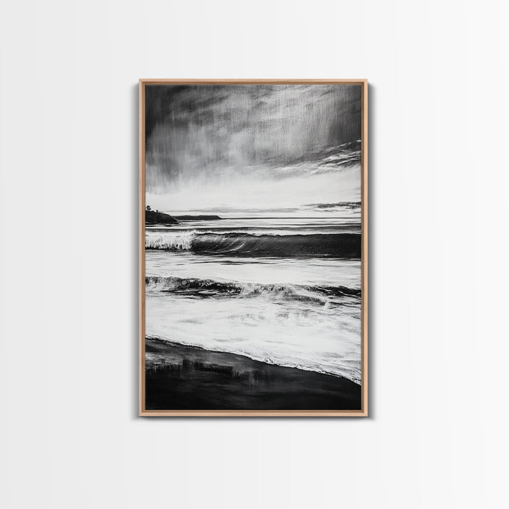 Black and White Waves, Ocean Painting, Dramatic Coastline, Minimalist Art, Framed Canvas Print, Modern Seascape, Contemporary Wall Art