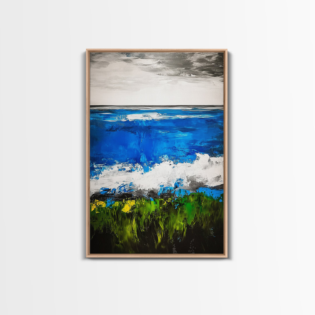 Abstract Ocean View, Blue Green Black White, Coastal Wall Art, Modern Beach Home Decor, Bold Statement Painting, Office Art, Canvas Print