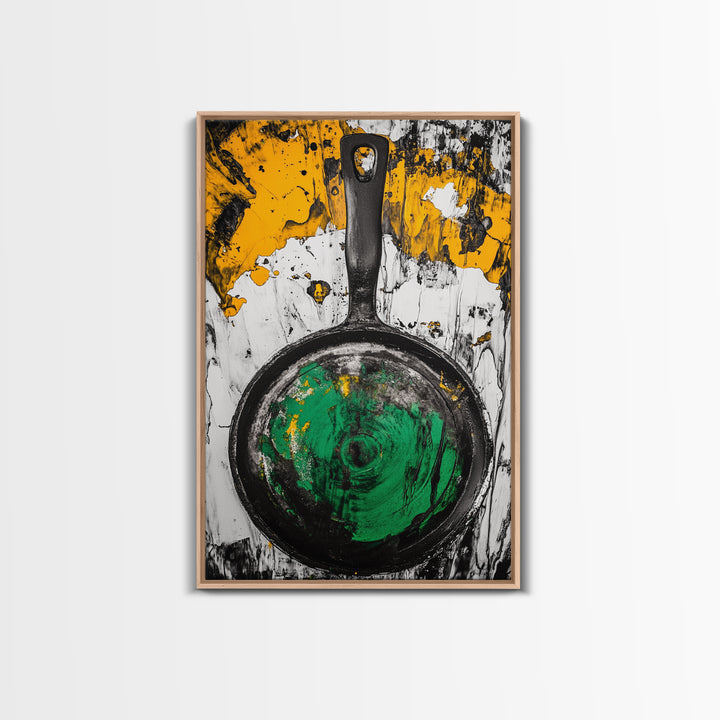 Abstract Frying Pan, Rustic Kitchen Art, Modern Industrial Wall Decor, Black Yellow Green Art, Unique Foodie Gift, Canvas Print