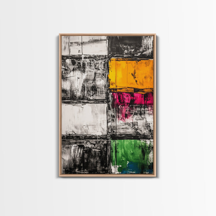 Abstract Modern Art, Black White Geometric, Yellow Red Green Blocks, Minimalist Wall Decor, Office Art, Mid Century Style, Canvas Print