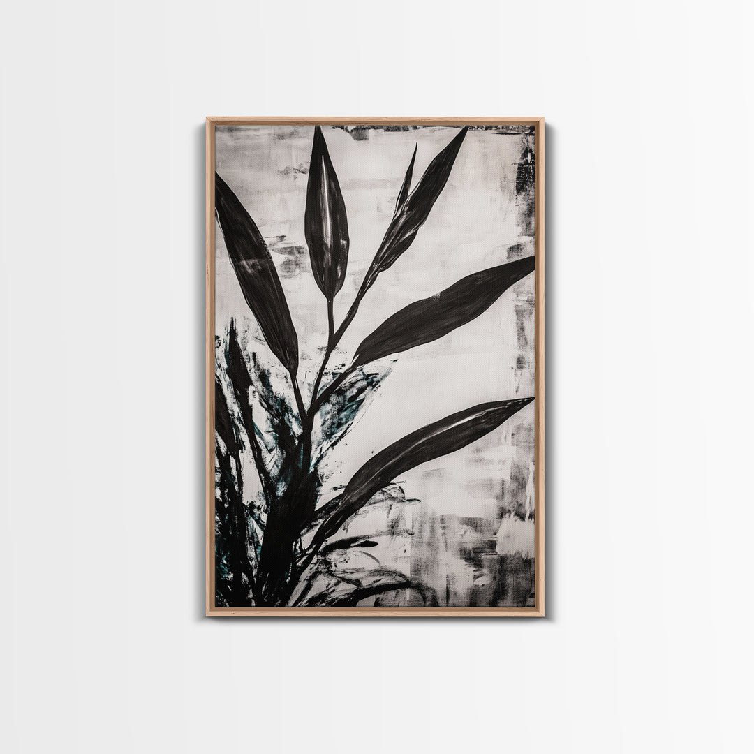Minimalist Leaves, Monochrome Plant Art, Botanical Wall Decor, Neutral Home Art, Black and White Nature, Framed Canvas Print, Gift Idea