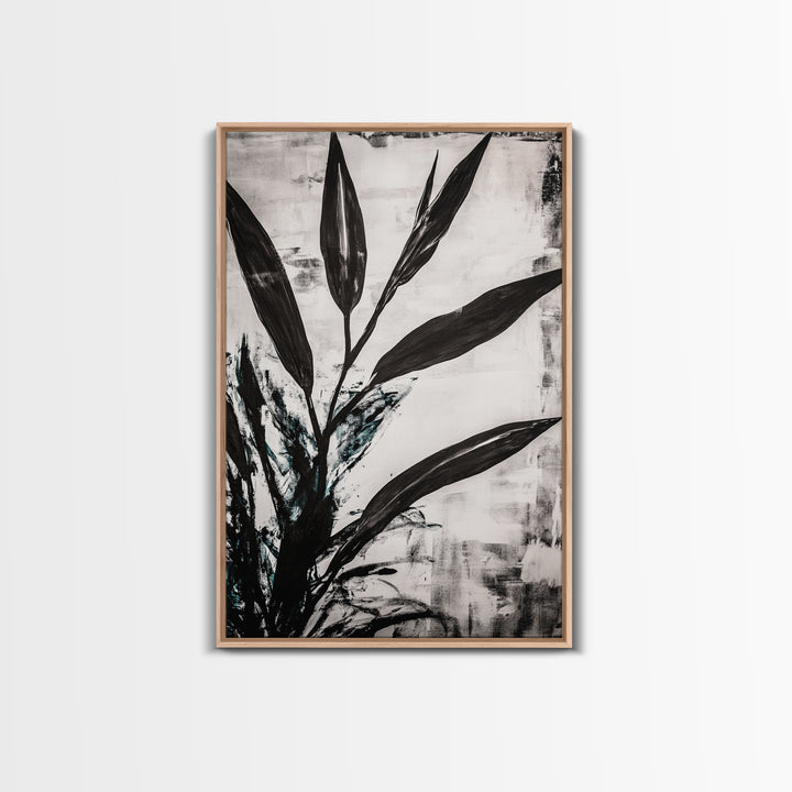 Minimalist Leaves, Monochrome Plant Art, Botanical Wall Decor, Neutral Home Art, Black and White Nature, Framed Canvas Print, Gift Idea