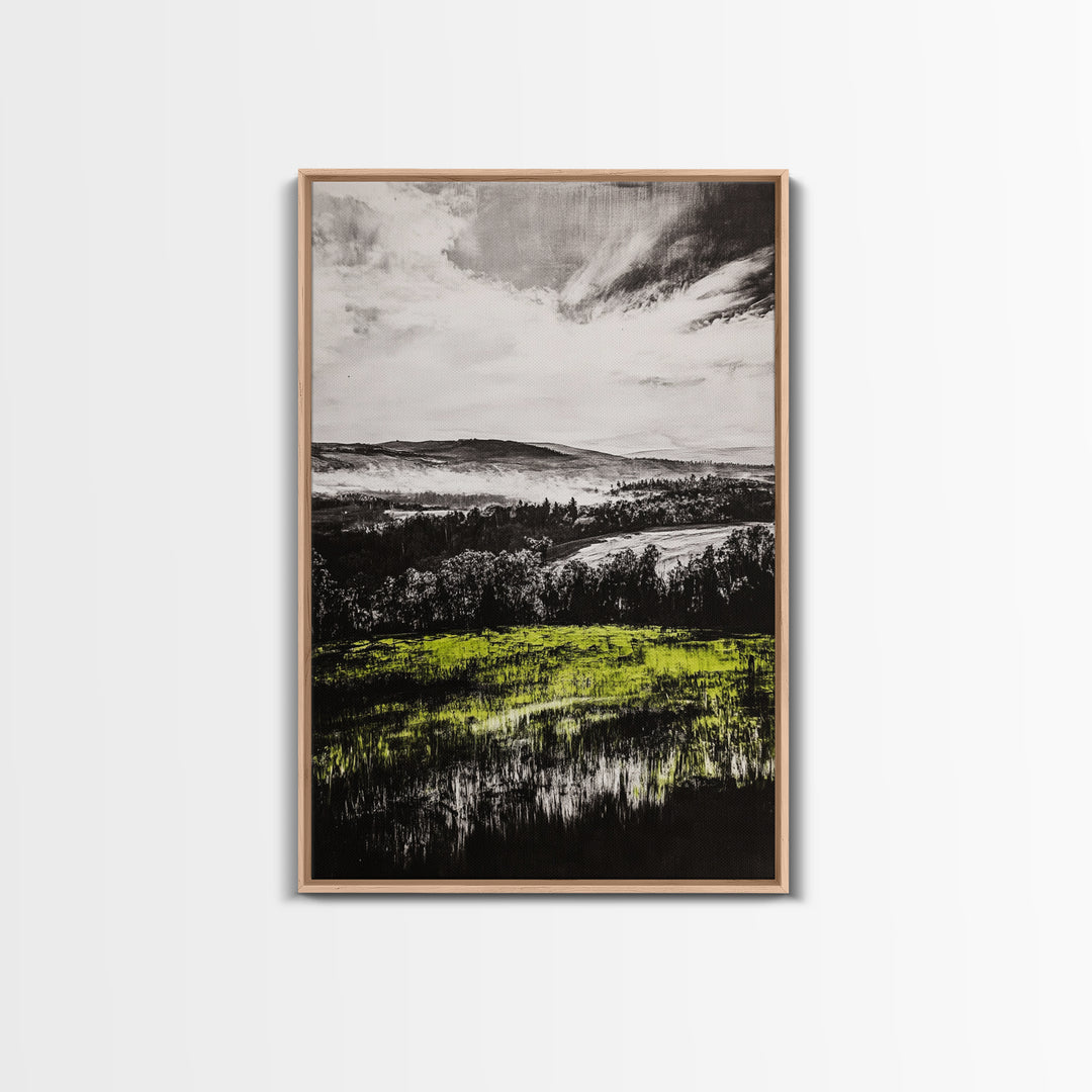 Rolling Hills, Nature Landscape, Canvas Print, Black White Green Art, Farmhouse Decor, Rustic Wall Art, Bedroom Decor, Fall Home Art