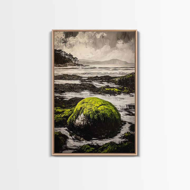 Coastal Rocks, Mossy Shore, Framed Canvas Print, Ocean Landscape, Beach House Wall Art, Nautical Decor, Green Nature, Relaxing Art