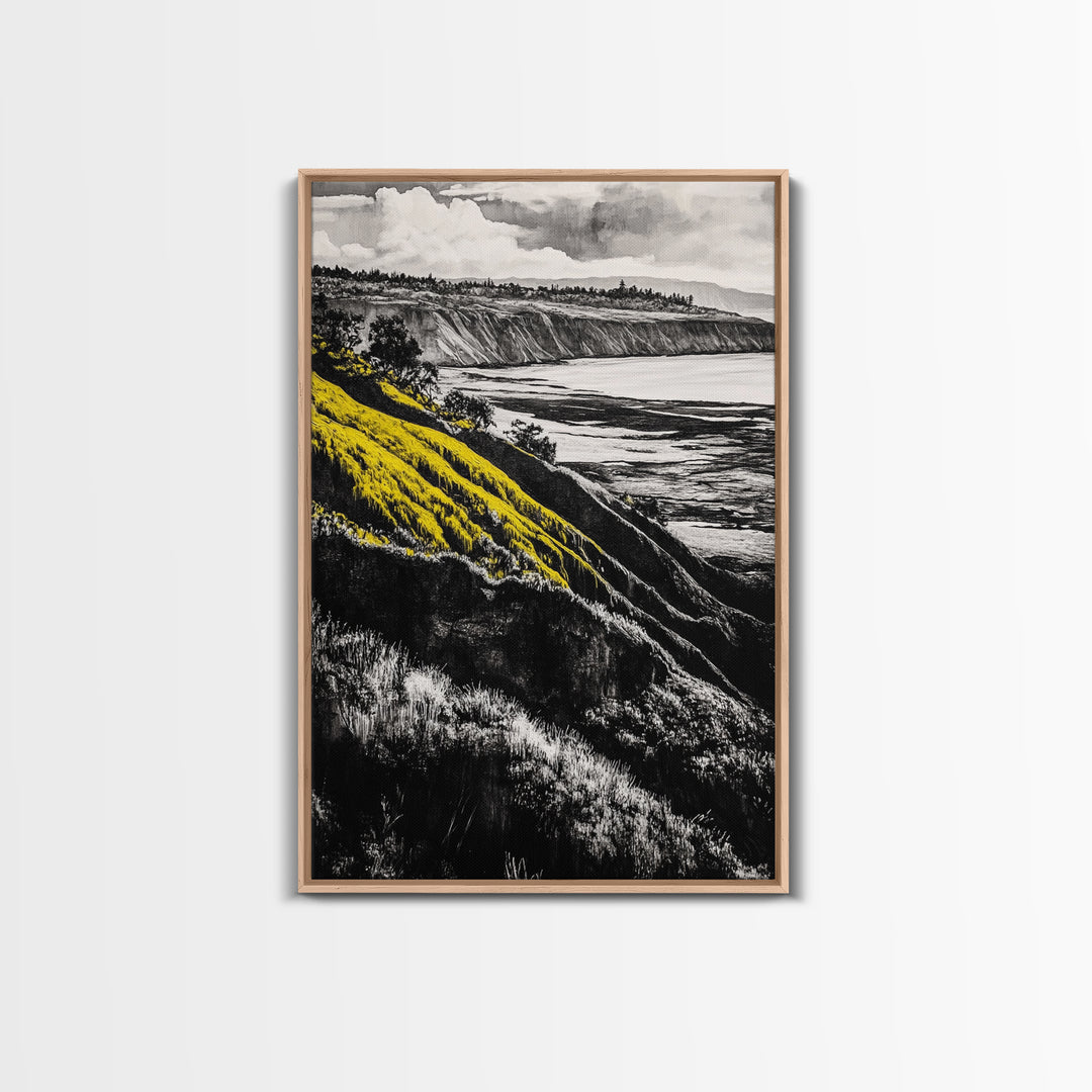 Cliffs, Ocean View, Framed Canvas Print, Coastal Landscape, Beach House Decor, Nature Wall Art, Black White Yellow Art, Scenic View