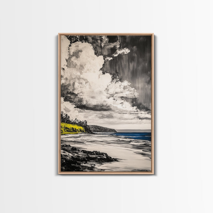 Cliffside View, Ocean Horizon, Cloudy Sky, Framed Canvas Print, Beach House Decor, Monochrome Wall Art, Relaxing Scenery