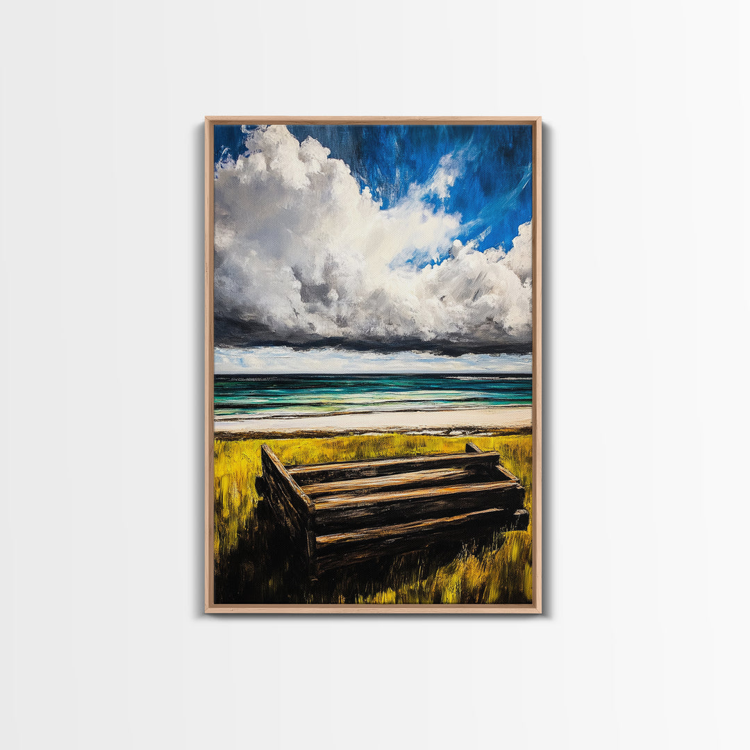 Ocean Bench, Coastal Landscape Art, Beach House Wall Decor, Relaxing Seaside Scene, Serene Water View, Framed Canvas Print