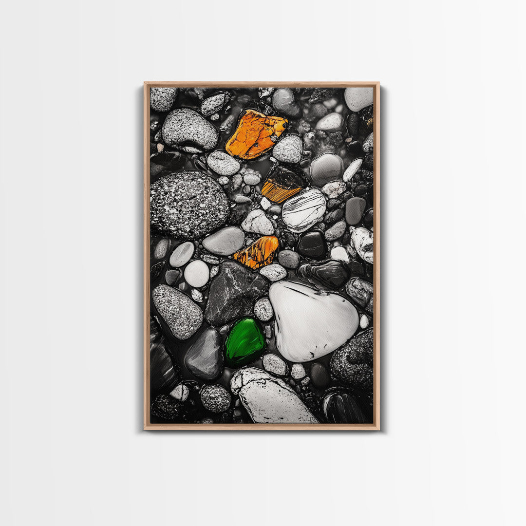River Pebbles, nature-inspired art, stone texture decor, minimal wall art, earthy tones painting, framed canvas print, bathroom decor
