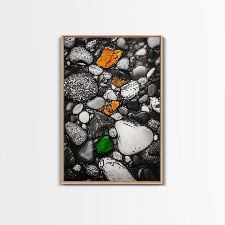 River Pebbles, nature-inspired art, stone texture decor, minimal wall art, earthy tones painting, framed canvas print, bathroom decor