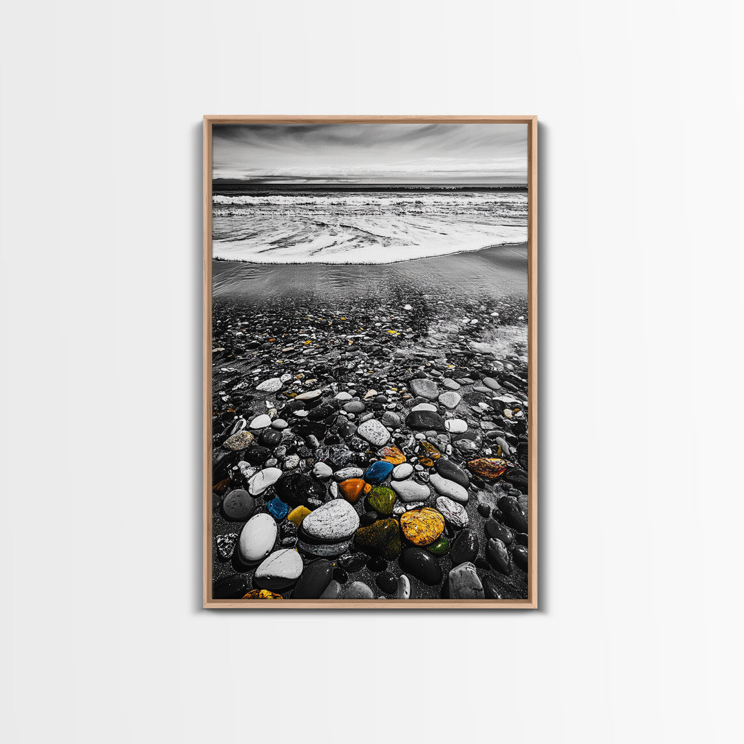 Ocean Pebbles Shoreline, coastal home decor, beach stone art, nautical wall print, calming wave painting, framed canvas print, bedroom art
