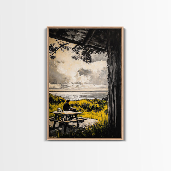Ocean View Picnic, relaxing landscape painting, coastal art, peaceful nature scene, countryside decor, framed canvas print, living room