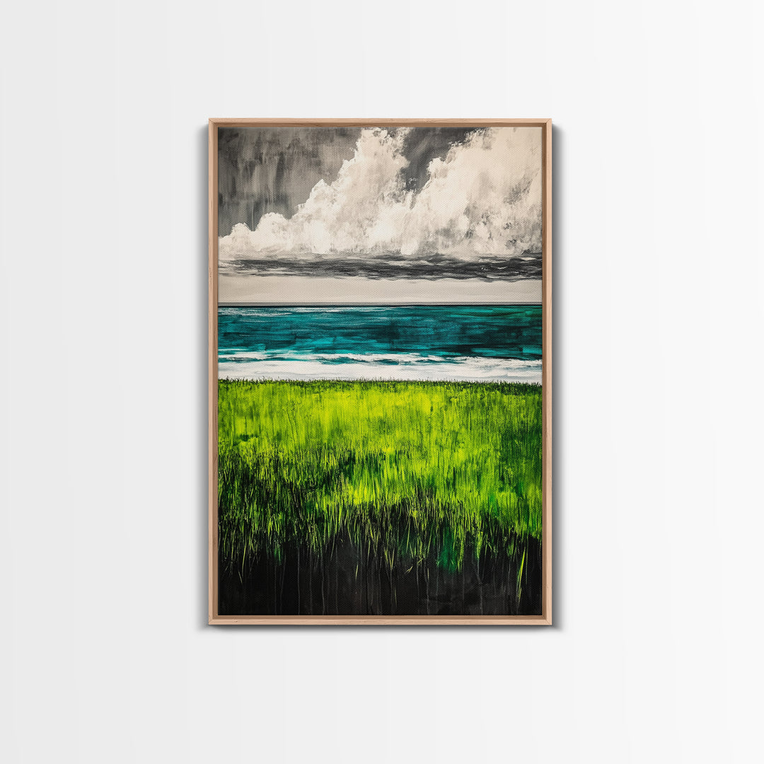 Coastal Landscape Art, Green Blue Ocean, Canvas Print, Serene Beach Wall Decor, Minimalist Nature Painting, Tranquil Home Accent