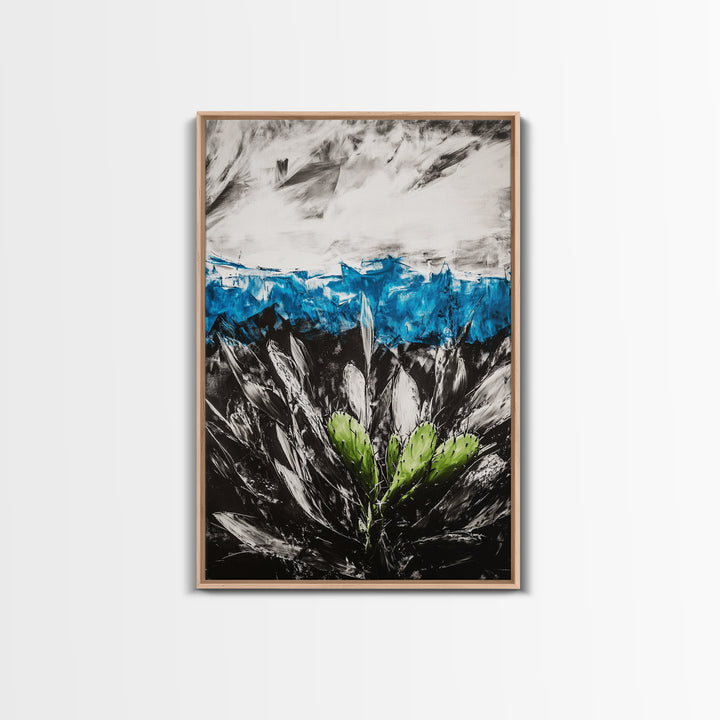 Desert Cactus Painting, Blue Sky Black White, Framed Canvas Print, Modern Southwest Art, Rustic Wall Decor, Minimalist Nature Art
