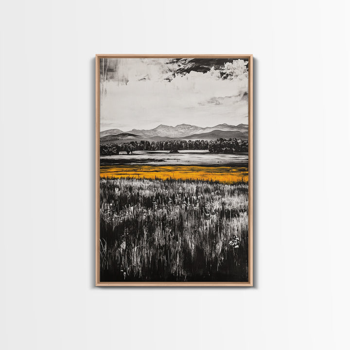 Golden Meadow, Black and White Landscape with Yellow Accents, Minimalist Nature Wall Art, Framed Canvas Print, Living Room or Office Decor