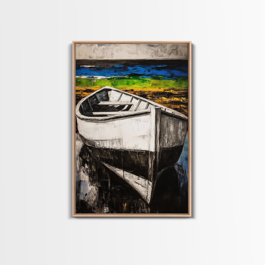 Coastal Rowboat, Black and White Boat Painting, Nautical Seascape Art, Rustic Beach House Decor, Framed Canvas Print, Bedroom Art