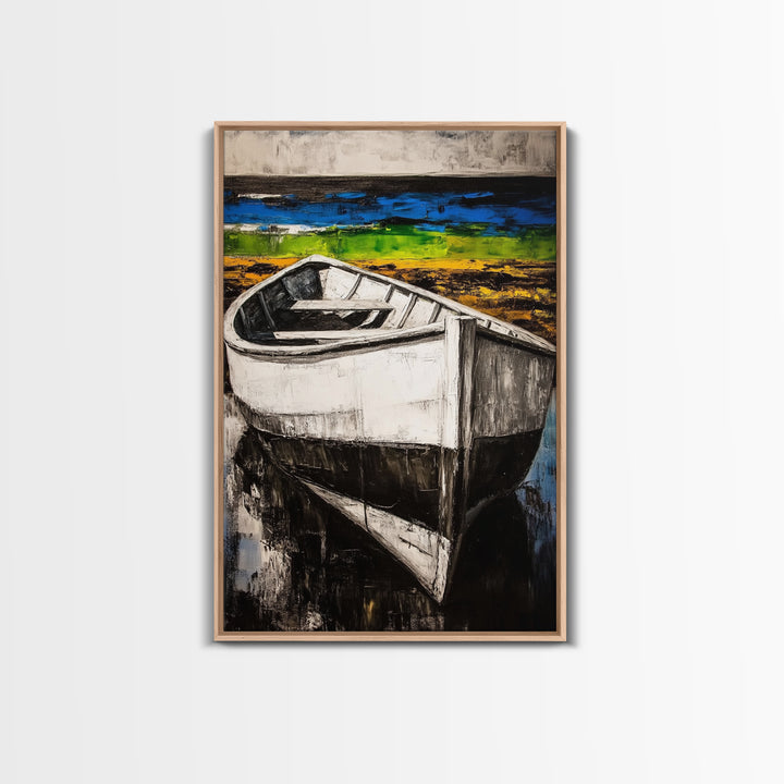 Coastal Rowboat, Black and White Boat Painting, Nautical Seascape Art, Rustic Beach House Decor, Framed Canvas Print, Bedroom Art