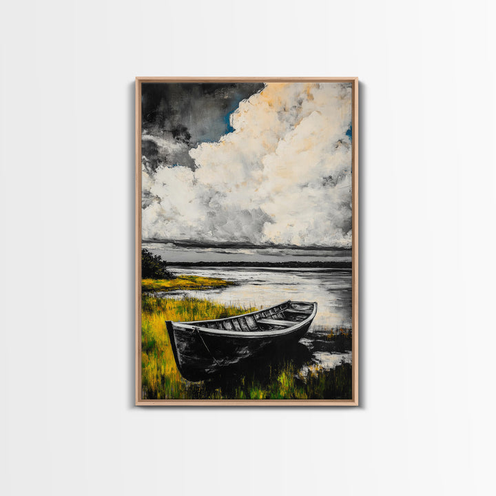 Rowboat Reflection, Rustic Lake Art, Black and White Boat Print, Tranquil Nature Scene, Living Room Wall Decor, Nautical Canvas Print