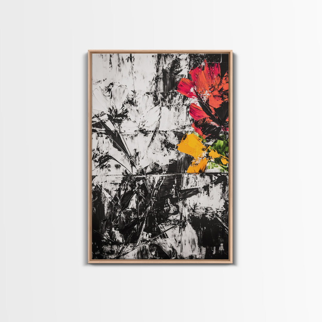 Abstract Flowers, Black and White, Red Floral Art, Bold Wall Decor, Modern Art, Framed Canvas Print, Minimalist Living Room Art