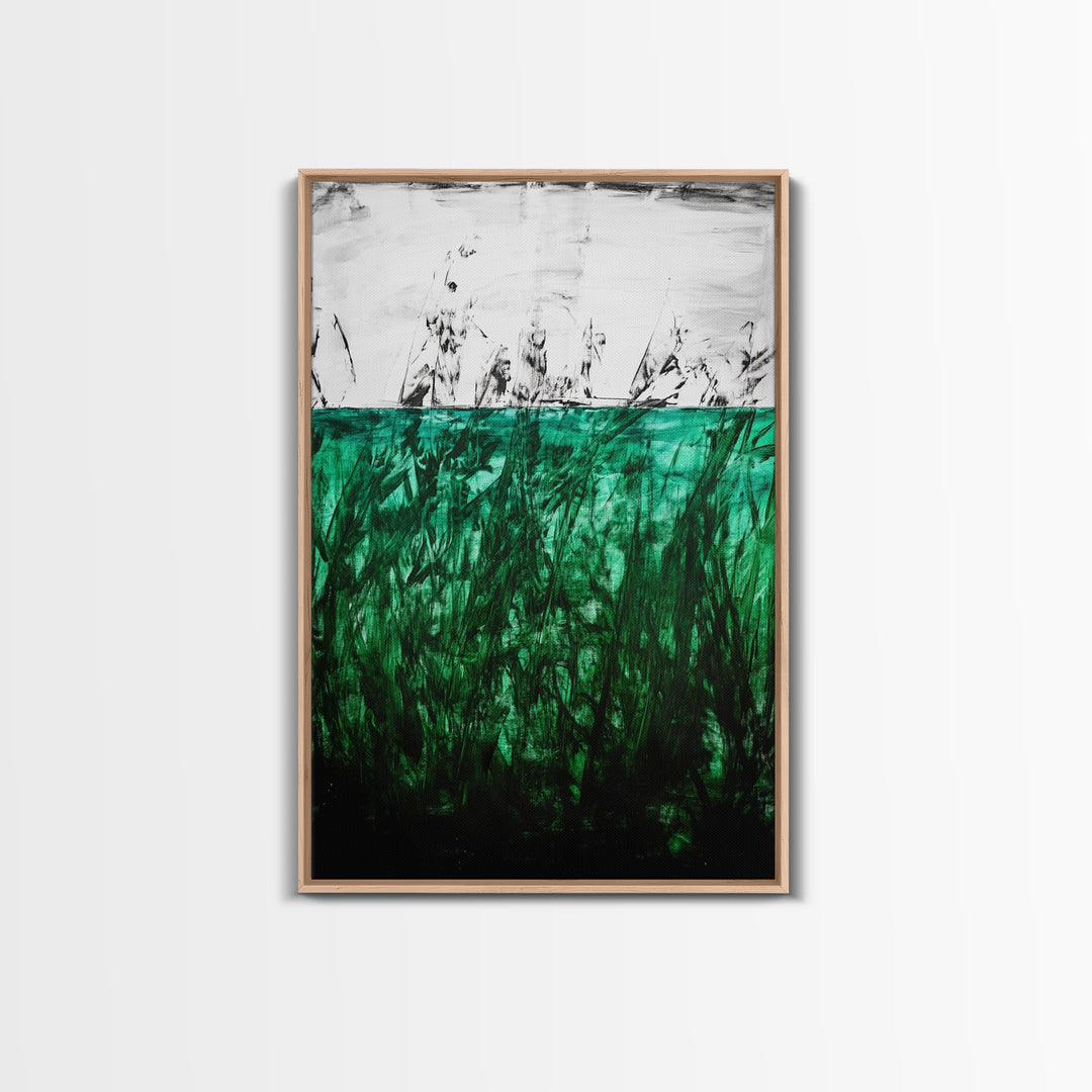 Abstract Grassland, Green Nature Art, Minimalist Botanical Wall Decor, Earthy Modern Print, Framed Canvas Print, Living Room Wall Art