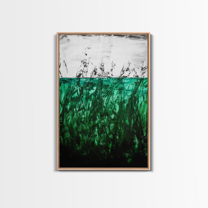 Abstract Grassland, Green Nature Art, Minimalist Botanical Wall Decor, Earthy Modern Print, Framed Canvas Print, Living Room Wall Art
