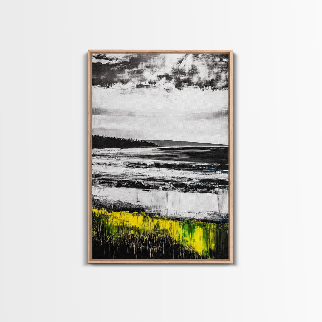 Coastal Shoreline, Misty Landscape, Black and White, Nature Print, Framed Canvas Print, Office Wall Art, Serene Seascape, Minimalist Art