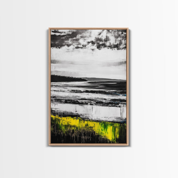 Coastal Shoreline, Misty Landscape, Black and White, Nature Print, Framed Canvas Print, Office Wall Art, Serene Seascape, Minimalist Art