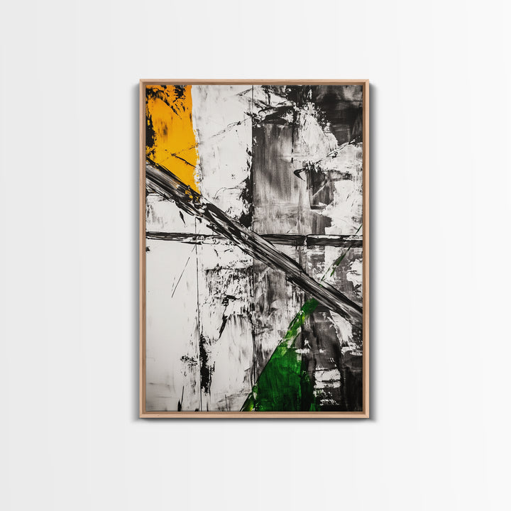 Abstract Expression, Modern Art, Black White Green, Framed Canvas Print, Contemporary Wall Art, Office Decor, Minimalist Painting
