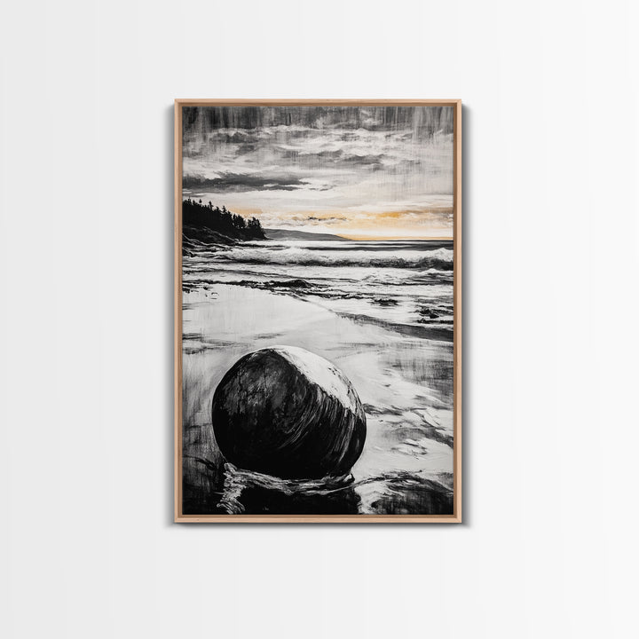 Rocky Beach, Sunset Landscape, Black White Gold, Framed Canvas Print, Coastal Wall Art, Nature Painting, Serene Home Decor