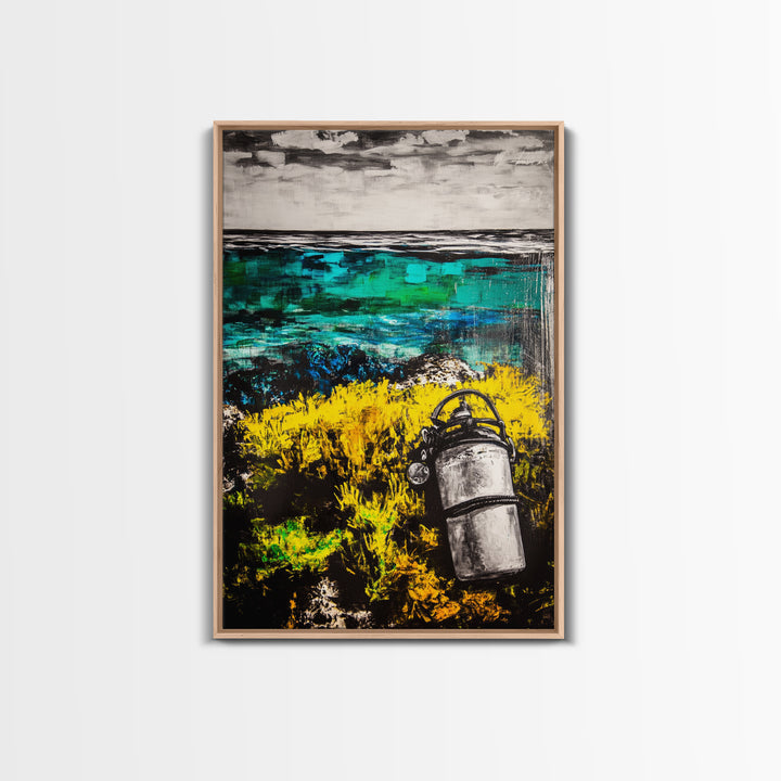 Coastal Lantern, Ocean Shore, Yellow Blue Art, Framed Canvas Print, Nautical Wall Art, Beach House Decor, Rustic Modern Art