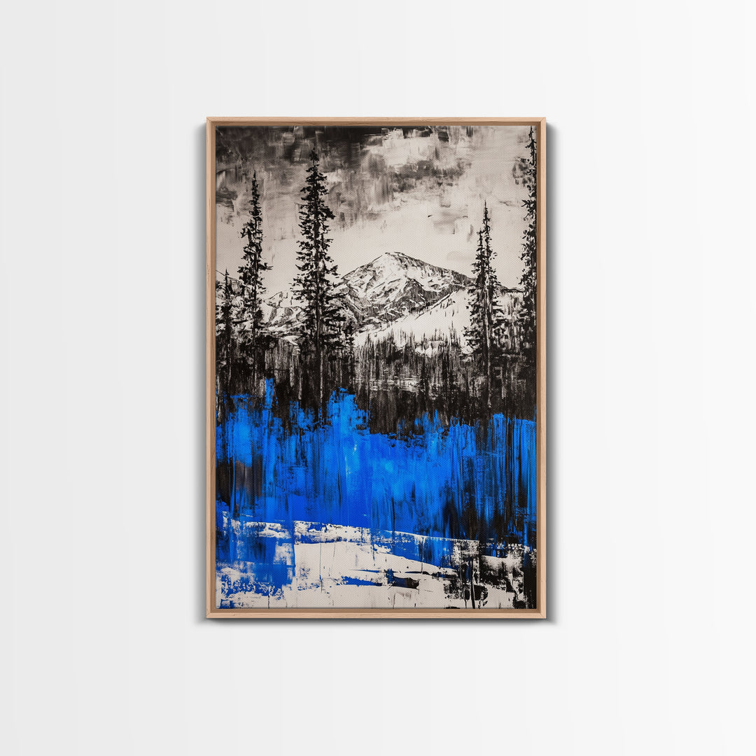 Mountain Wilderness, Winter Landscape, Blue Trees, Framed Canvas Print, Cabin Wall Art, Outdoor Lover Gift, Serene Nature Art