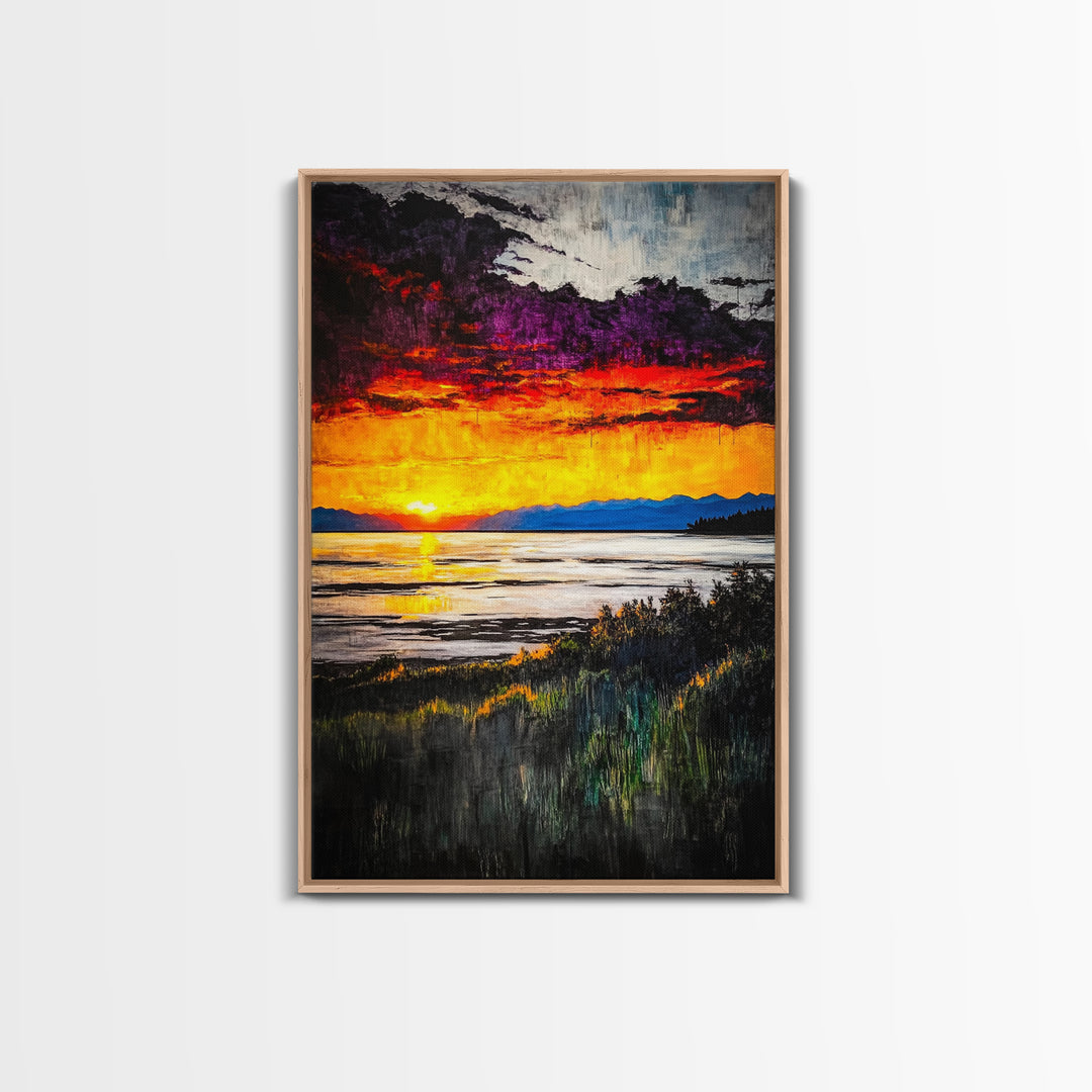 Beach Sunrise, Ocean View, Dramatic Skies, Framed Canvas Print, Large Wall Art, Coastal Home Decor, Serene Landscape, Modern Art