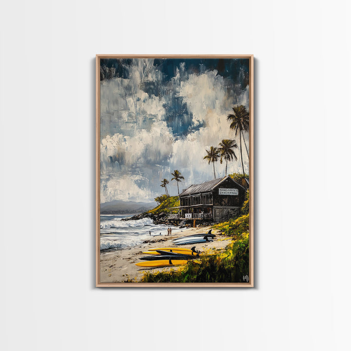 Beach Surf Shack, Tropical Art, Coastal Wall Decor, Nautical Framed Canvas Print, Surfing Gift, Ocean Sunset, Living Room Art