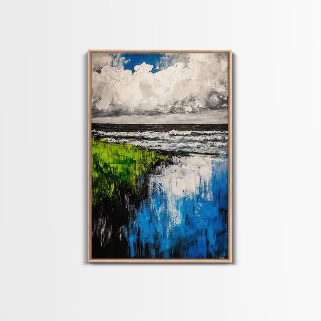 Ocean Reflections, Coastal Wall Art, Blue Abstract Beach Scene, Seascape Framed Canvas Print, Modern Home Decor, Living Room Wall Art